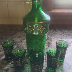 Vintage Mid Century Green Glass/gold Decanter Set