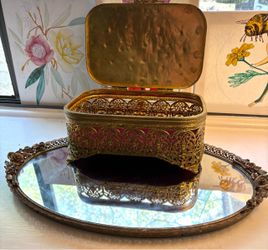 Vtg Brass Globe Hollywood Regency Floral Jewelry Box and Mirrored Vanity Tray Set of 2