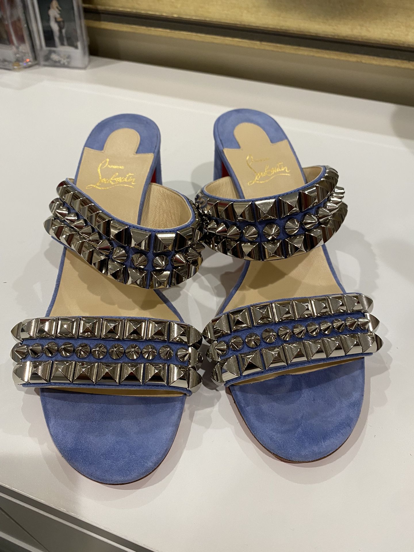 Christian Louboutin Blue Tina Goes Mad 55 Studded Suede Slide Mules Heels Sandals
