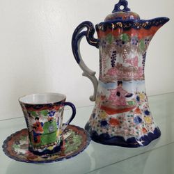 JAPANESE TEA SET Cobalt Blue Tea Pot Cup And Saucer Porcelain Flower Carts Real Gold Leaf Trim
