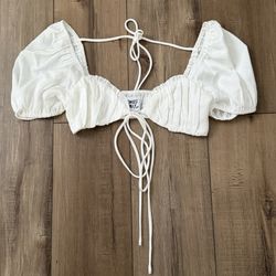 Princess Polly white tie front puff sleeves crop top