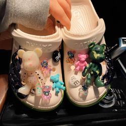 Green & White Bear Charm Set with Chains for Croc Shoes / Clogs
