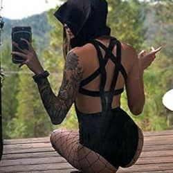NEW WOMENS BLACK HOODED GOTHIC WICCAN PENTAGRAM ALTERNATIVE COSPAY WITCH CLUBWEAR HALLOWEEN BODYSUIT SIZE SMALL SM
