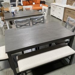 New! 6-Pcs Dining Set, Wooden Dining Set, 4 Chairs , 1 bench with  a Table, Kitchen Furniture, Casual dining room set, Matching Dining Chairs  Set.