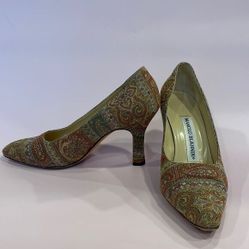 SHOST PICK Manolo Blahnik Paisley Tapestry Heel Great Used Condition Womens Euro