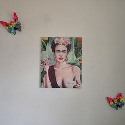 Frida Kahlo Canvas Wall Art With Ceramic Hand Painted Butterflies