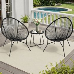 3 Piece Patio Bistro Set, Outdoor Acapulco Chairs with Coffee Table All-Weather PE Rattan Patio Furniture Set for Balcony, Garden, Proch, Black