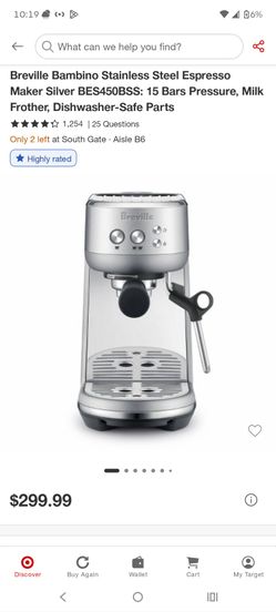 Breville Bambino Stainless Steel Espresso Maker Silver BES450BSS: 15 Bars Pressure, Milk Frother, Dishwasher-Safe Parts