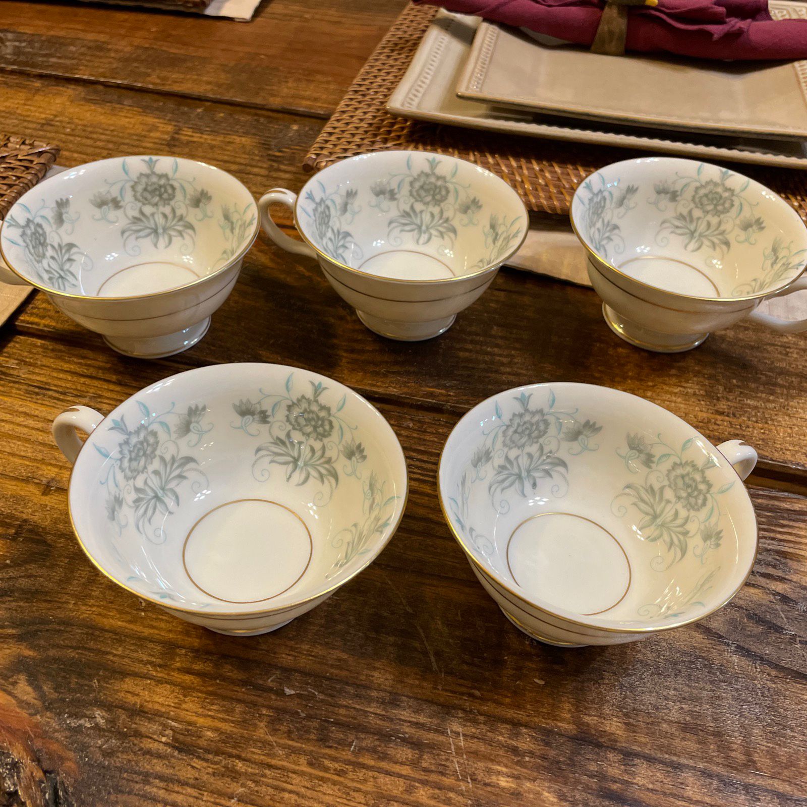 5 Vintage Gold Rimmed Footed Castleton Teacups