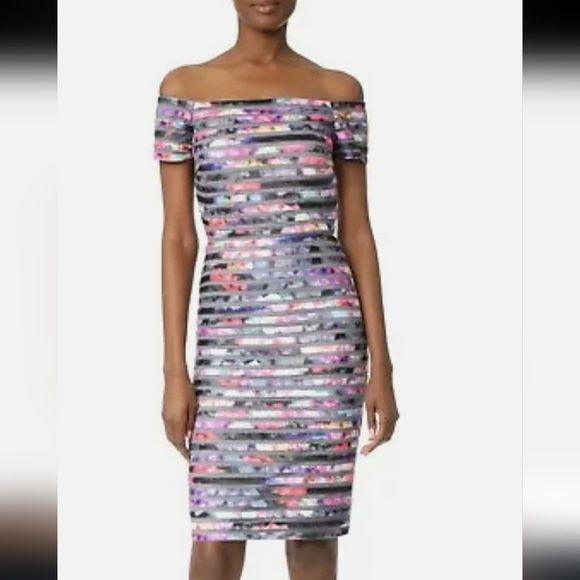 Parker Black Floral Striped Mesh bodycon off the shoulder midi dress size 4 NWT