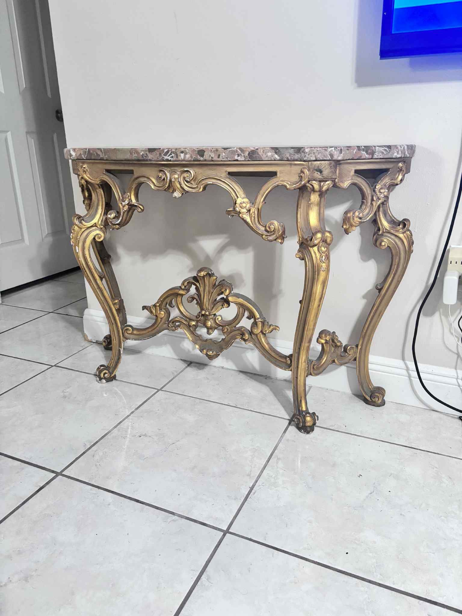 Antique Foyer Table With Marble Top 43”Lx13.5”Wx30”H