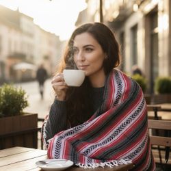 Mexican Sarape Blanket Striped Light Grey, Red and Black Blanket Shawl Full size