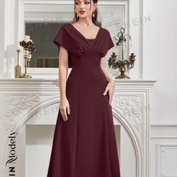 SHEIN Modely Summer V-Neck Solid Color Gorgeous Party Dress Burgundy