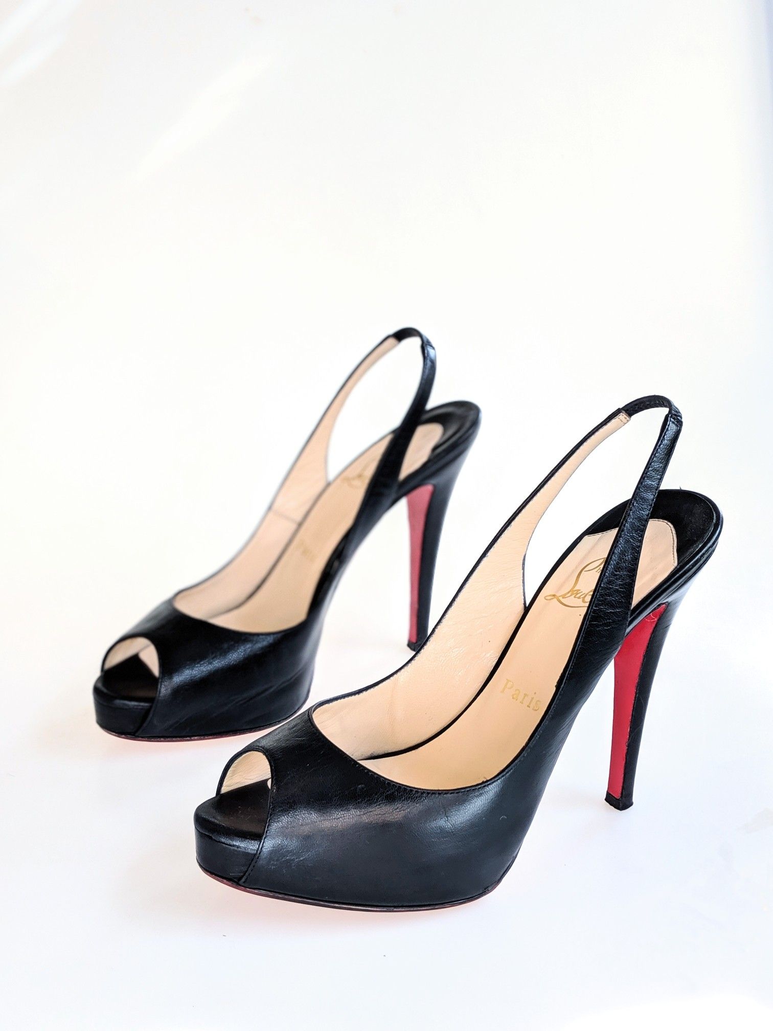 Christian Louboutin Slingback Peep-Toe Very Prive Black Heel 37.5