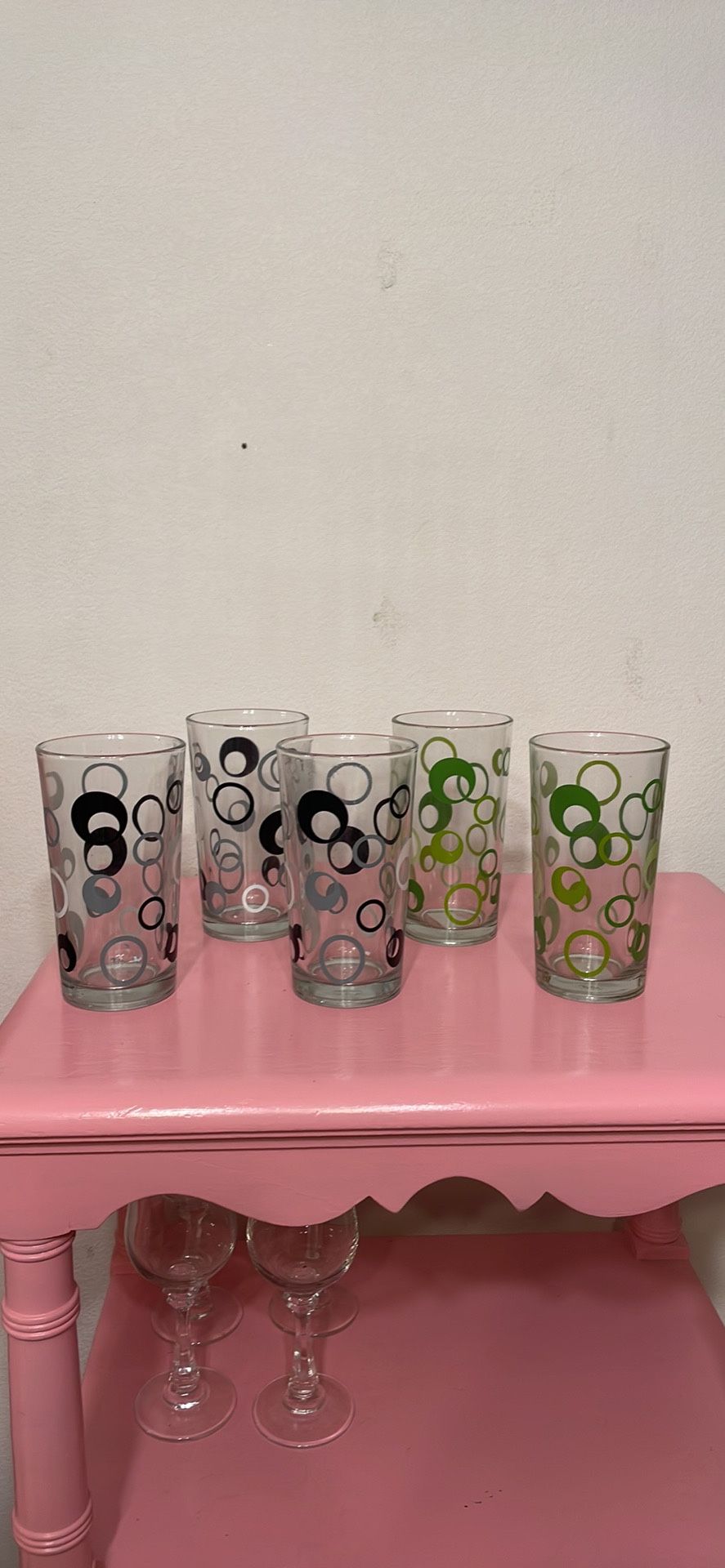Vintage 1990s MCM Mid Century Modern 60s Style Mod Circles Glassware Drinkware Glasses Cups. Set of 5.