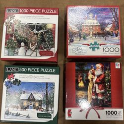 (4) Christmas 1000 Pcs Jigsaw Puzzles Susan Winget’s HEART & HOME, Buffalo Holiday Collection Governor’s Party, Laura Berry’s COUNTRY WELCOME, SANTA C