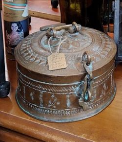 Antique South Asian Mughal Round Tinned Copper Box with Lid India 19th Century
