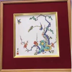 Elegant Japanese floral art from the Showa period (1926–1989) Framed Hand-Painted Porcelain Art – Floral & Bird Motif (Rare Chinese Design) 
