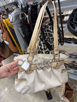 Y2K silver cream & tan shoulder bag