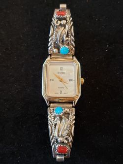 $65. Vintage Navajo Sterling Turquoise and Red Garnet stone mother of pearl face Selectime watch by Navajo Artist