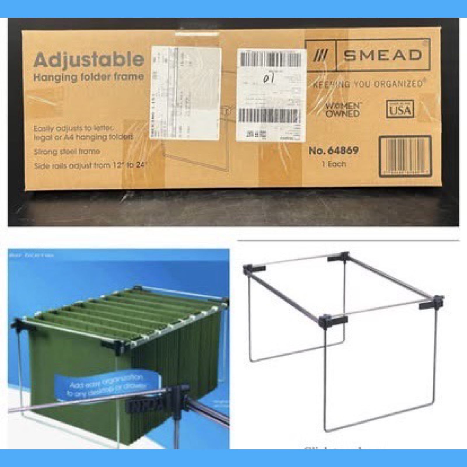 Adjustable Hanging file folder frame. Letter, legal or A4. Side rails adjust 12" to 24".