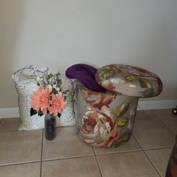 Storage Ottoman, Pillow, Blanket & Faux Flowers 