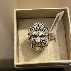New JTV Lion Ring Gold Tone Crystals Enamel Statement Ring