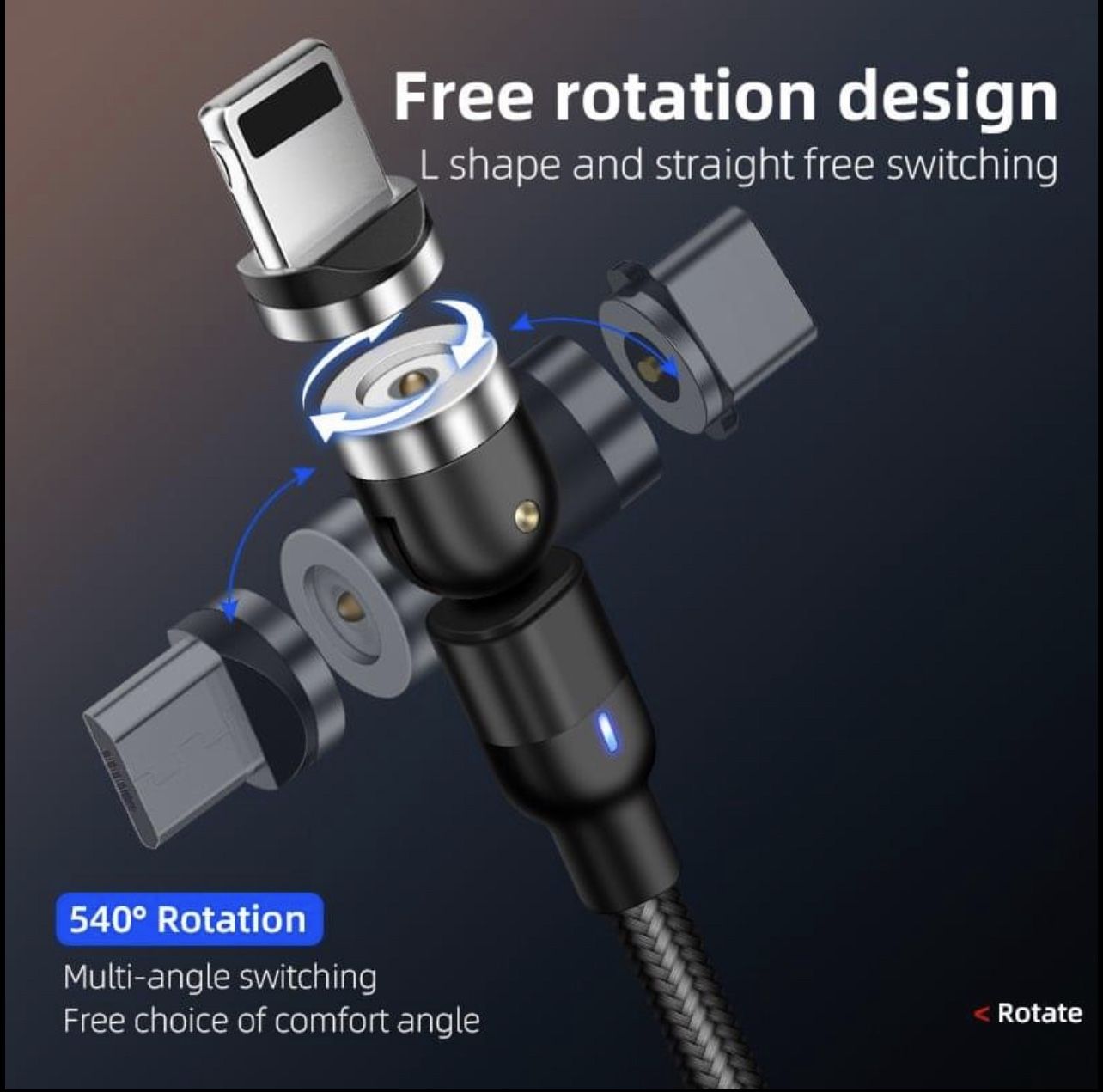 10 Ft Magnetic Charging Cable With 3 Adapters iPhone Android Type C