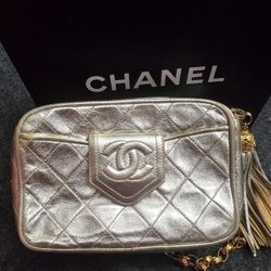 Authentic Chanel Vintage Tassel Camera Bag Quilted Leather in Metallic Gray