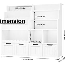 🥨Hiphuta 47"Wide Large Kids Bookcase, Wood Bookshelf Toy Storage Organizer with Book Rack & Movable Boxes, White Bookshelf for Kids Room