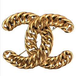 Chanel 1980s 24k Gold Plated CC CHAIN BROOCH HUGE