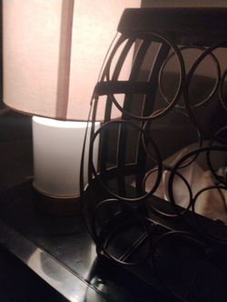 Petite White Porcelain Lamp With Brass Bass and Countertop 6 Bottle Wine Rack