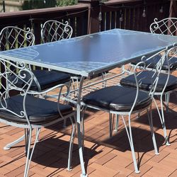 Antique Wrought Iron Table With Glass Top And Chairs 
