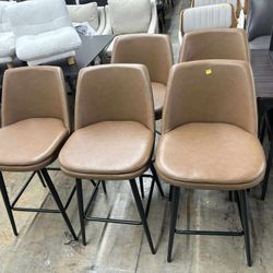 CHITA 27 inch Counter Height Swivel Bar Stools Low Back Set of 5 Metal Base, Faux Leather in Saddle Brown