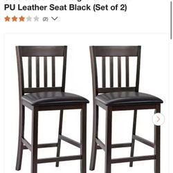 39 in. Brown Low Back Wood Bar Stools Counter Height Chairs with PU Leather Seat Black (Set of 2)