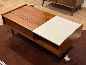 Mid-Century Modern Lift-Top Coffee Table — Walnut & White Marble w/ Hidden Storage