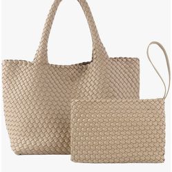 Woven Tote Bag For Women, Vegan Leather Handwoven Bags With Small Handmade Purse, 