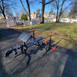 Bench Set - 45lb Olympic Barbell, Rack w spotters, & Bench w preacher pad & leg developer