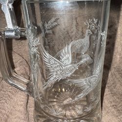 Vintage Etched Glass Beer Stein with Pewter Lid: Pheasant Decor