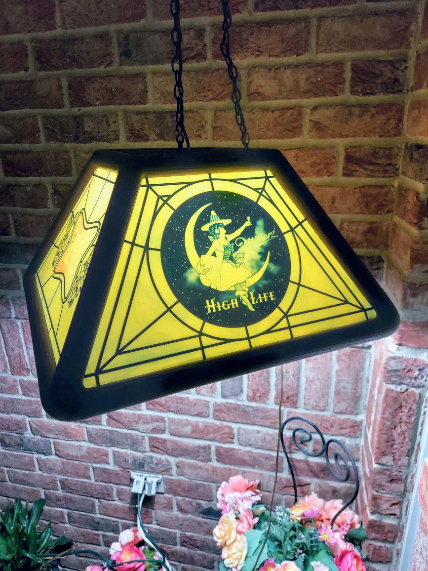 1980's Miller High Life Beer Lady Moon Poker Pool Table Bar Light Hanging Sign