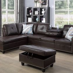 Dark brown couch with ottoman, cup holder 