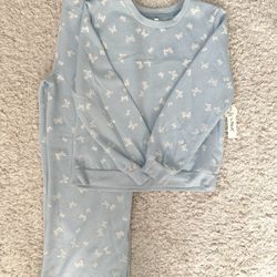 New Kate Mack 2 Piece Set Fleece Pants And Sweater Set Kids Girls Light Blue With Butterflies Size 10