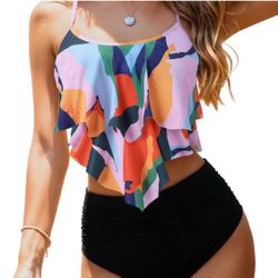 Colorful Ruffled Tankini Top and Black Bottoms