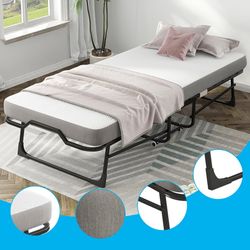 Folding Bed with Mattress, Gray Wood Rollaway Bed with Lockable Wheels, Portable Frame