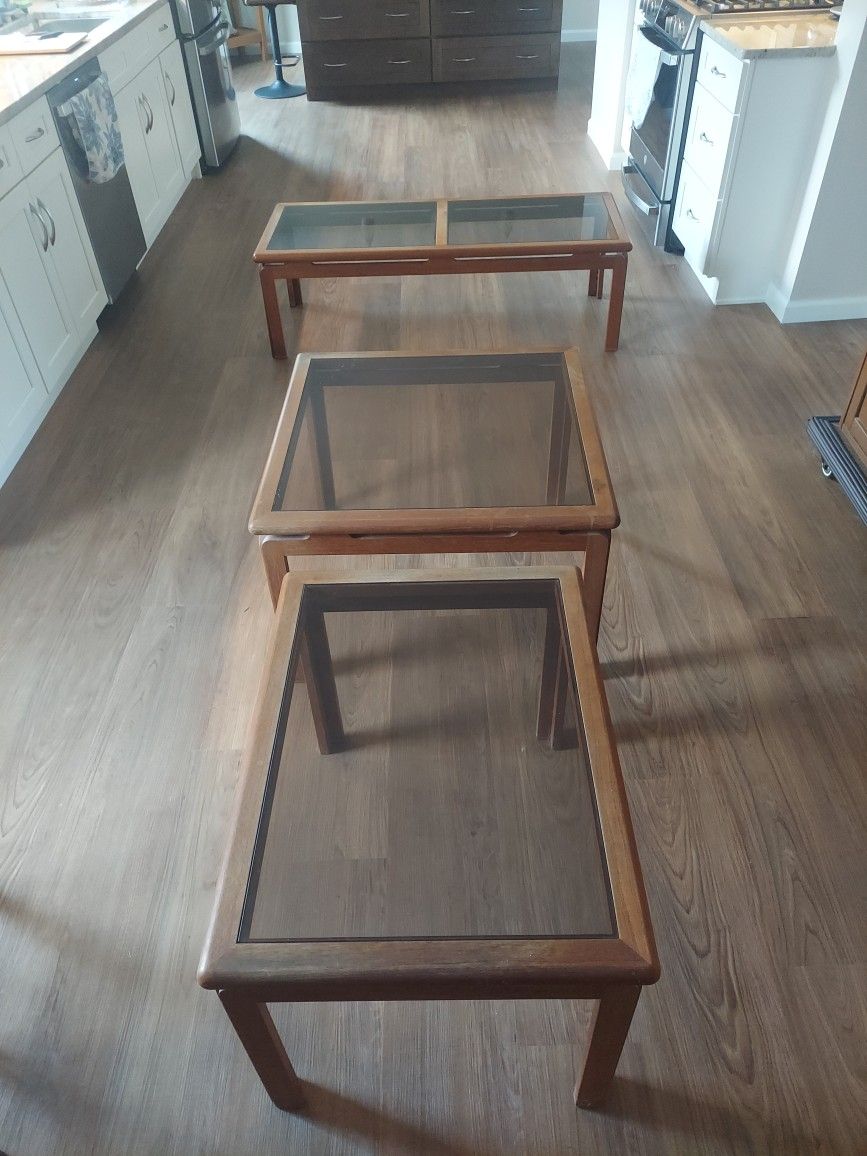 Teak/glass Living Room Coffee Table with 2 End Tables