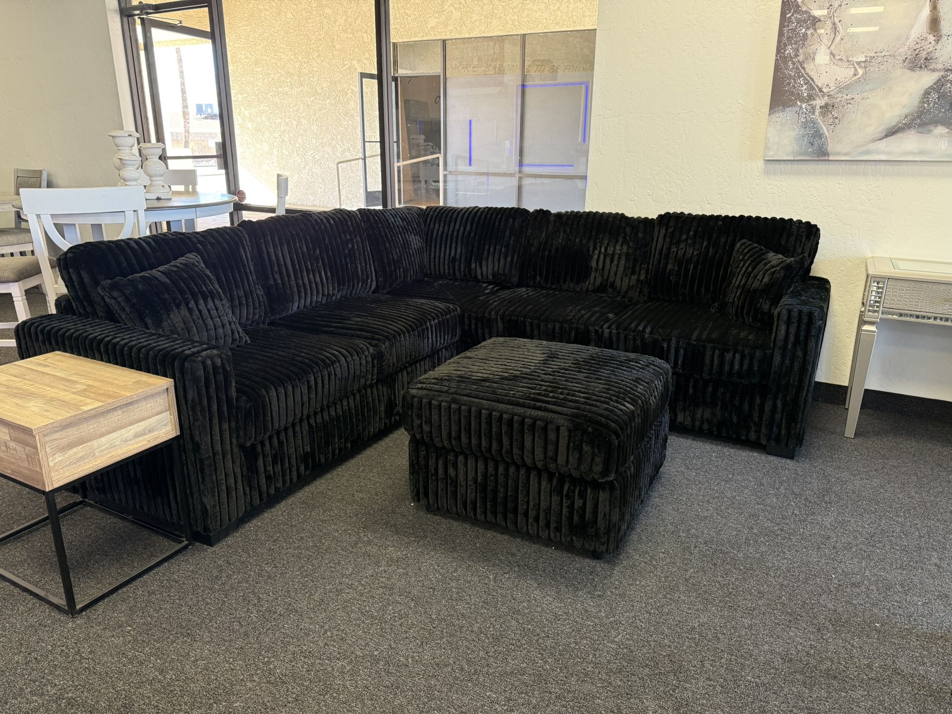 Sectional With Ottoman In Black Corduroy 