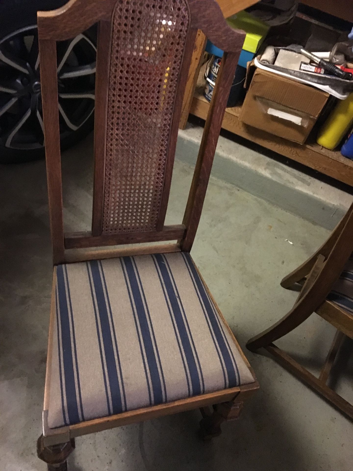 Two Striped Caned Chairs.
