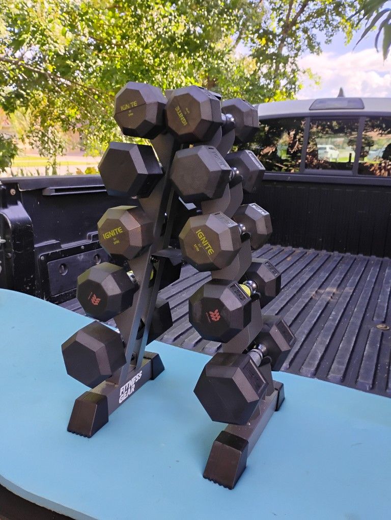 RUBBER  SET  OF  DUMBBELLS (PAIRS OF)  :  8s  10s  12s  15s  20s  +  SPACE  SAVING  PYRAMID  RACK 