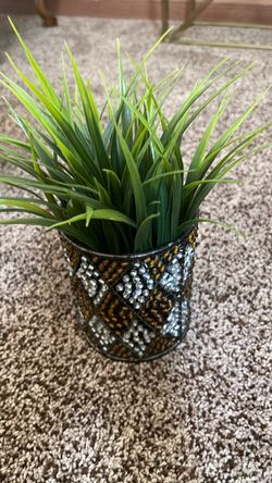 Mosaic Bead Vase with Faux Grass Plant