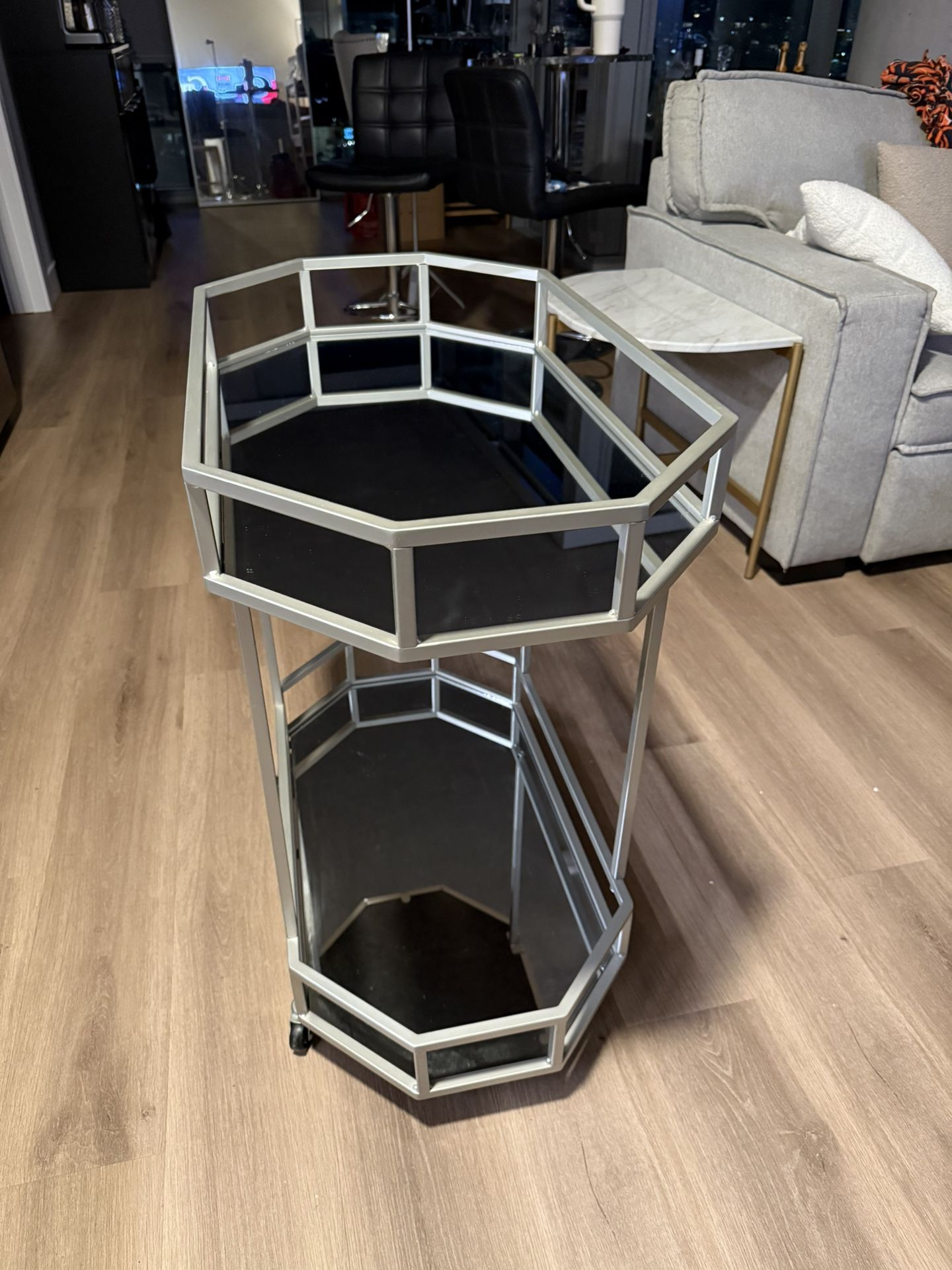 Silver Bar Cart with Mirrored Glass Top